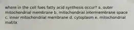 where in the cell foes fatty acid synthesis occur? a. outer mitochondrial membrane b. mitochondrial intermembrane space c. inner mitochondrial membrane d. cytoplasm e. mitochondrial matrix