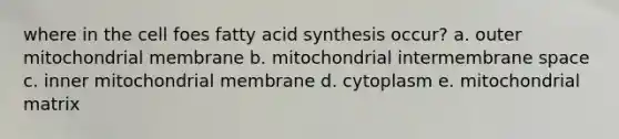 where in the cell foes fatty acid synthesis occur? a. outer mitochondrial membrane b. mitochondrial intermembrane space c. inner mitochondrial membrane d. cytoplasm e. mitochondrial matrix