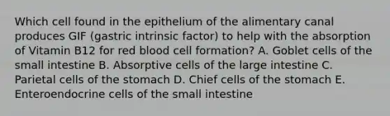 Which cell found in the epithelium of the alimentary canal produces GIF (gastric intrinsic factor) to help with the absorption of Vitamin B12 for red blood cell formation? A. Goblet cells of the small intestine B. Absorptive cells of the large intestine C. Parietal cells of the stomach D. Chief cells of the stomach E. Enteroendocrine cells of the small intestine