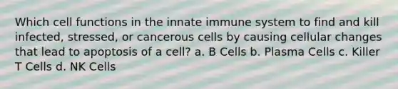 Which cell functions in the innate immune system to find and kill infected, stressed, or cancerous cells by causing cellular changes that lead to apoptosis of a cell? a. B Cells b. Plasma Cells c. Killer T Cells d. NK Cells