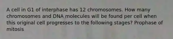 A cell in G1 of interphase has 12 chromosomes. How many chromosomes and DNA molecules will be found per cell when this original cell progresses to the following stages? Prophase of mitosis