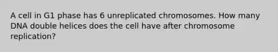 A cell in G1 phase has 6 unreplicated chromosomes. How many DNA double helices does the cell have after chromosome replication?