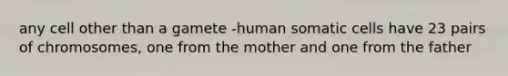 any cell other than a gamete -human somatic cells have 23 pairs of chromosomes, one from the mother and one from the father