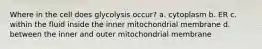 Where in the cell does glycolysis occur? a. cytoplasm b. ER c. within the fluid inside the inner mitochondrial membrane d. between the inner and outer mitochondrial membrane