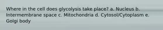 Where in the cell does glycolysis take place? a. Nucleus b. Intermembrane space c. Mitochondria d. Cytosol/Cytoplasm e. Golgi body