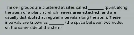 The cell groups are clustered at sites called ________ (point along the stem of a plant at which leaves area attached) and are usually distributed at regular intervals along the stem. These intervals are known as ________ (the space between two nodes on the same side of the stem)