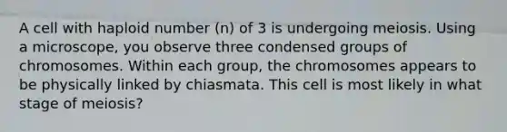 A cell with haploid number (n) of 3 is undergoing meiosis. Using a microscope, you observe three condensed groups of chromosomes. Within each group, the chromosomes appears to be physically linked by chiasmata. This cell is most likely in what stage of meiosis?