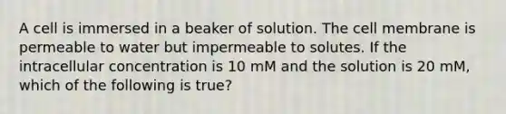 A cell is immersed in a beaker of solution. The cell membrane is permeable to water but impermeable to solutes. If the intracellular concentration is 10 mM and the solution is 20 mM, which of the following is true?