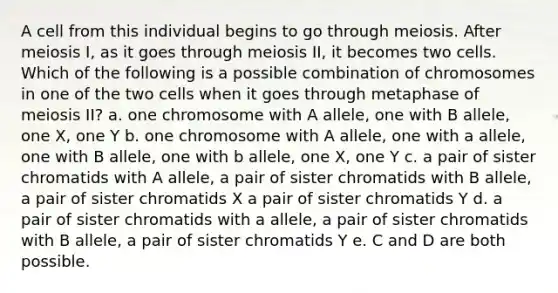 A cell from this individual begins to go through meiosis. After meiosis I, as it goes through meiosis II, it becomes two cells. Which of the following is a possible combination of chromosomes in one of the two cells when it goes through metaphase of meiosis II? a. one chromosome with A allele, one with B allele, one X, one Y b. one chromosome with A allele, one with a allele, one with B allele, one with b allele, one X, one Y c. a pair of sister chromatids with A allele, a pair of sister chromatids with B allele, a pair of sister chromatids X a pair of sister chromatids Y d. a pair of sister chromatids with a allele, a pair of sister chromatids with B allele, a pair of sister chromatids Y e. C and D are both possible.