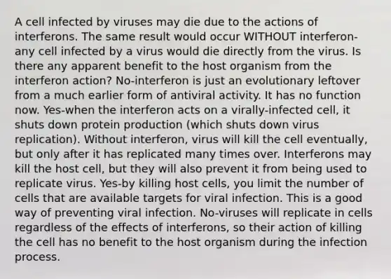 A cell infected by viruses may die due to the actions of interferons. The same result would occur WITHOUT interferon-any cell infected by a virus would die directly from the virus. Is there any apparent benefit to the host organism from the interferon action? No-interferon is just an evolutionary leftover from a much earlier form of antiviral activity. It has no function now. Yes-when the interferon acts on a virally-infected cell, it shuts down protein production (which shuts down virus replication). Without interferon, virus will kill the cell eventually, but only after it has replicated many times over. Interferons may kill the host cell, but they will also prevent it from being used to replicate virus. Yes-by killing host cells, you limit the number of cells that are available targets for viral infection. This is a good way of preventing viral infection. No-viruses will replicate in cells regardless of the effects of interferons, so their action of killing the cell has no benefit to the host organism during the infection process.