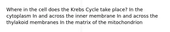 Where in the cell does the Krebs Cycle take place? In the cytoplasm In and across the inner membrane In and across the thylakoid membranes In the matrix of the mitochondrion