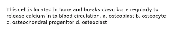 This cell is located in bone and breaks down bone regularly to release calcium in to blood circulation. a. osteoblast b. osteocyte c. osteochondral progenitor d. osteoclast