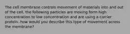 The cell membrane controls movement of materials into and out of the cell. the following particles are moving form high concentration to low concentration and are using a carrier protein. how would you describe this type of movement across the membrane?