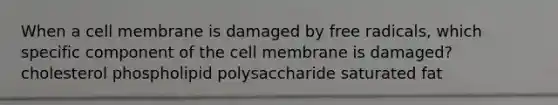 When a cell membrane is damaged by free radicals, which specific component of the cell membrane is damaged? cholesterol phospholipid polysaccharide saturated fat