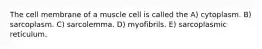 The cell membrane of a muscle cell is called the A) cytoplasm. B) sarcoplasm. C) sarcolemma. D) myofibrils. E) sarcoplasmic reticulum.