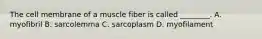 The cell membrane of a muscle fiber is called ________. A. myofibril B. sarcolemma C. sarcoplasm D. myofilament