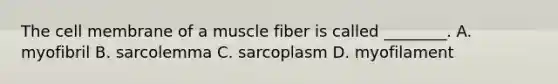 The cell membrane of a muscle fiber is called ________. A. myofibril B. sarcolemma C. sarcoplasm D. myofilament