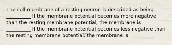 The cell membrane of a resting neuron is described as being __________ If the membrane potential becomes more negative than the resting membrane potential, the membrane is __________ If the membrane potential becomes less negative than the resting membrane potential, the membrane is __________