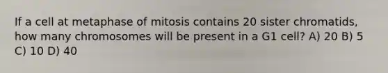 If a cell at metaphase of mitosis contains 20 sister chromatids, how many chromosomes will be present in a G1 cell? A) 20 B) 5 C) 10 D) 40