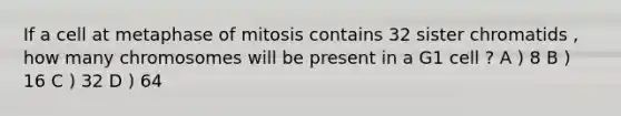 If a cell at metaphase of mitosis contains 32 sister chromatids , how many chromosomes will be present in a G1 cell ? A ) 8 B ) 16 C ) 32 D ) 64