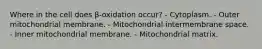 Where in the cell does β-oxidation occur? - Cytoplasm. - Outer mitochondrial membrane. - Mitochondrial intermembrane space. - Inner mitochondrial membrane. - Mitochondrial matrix.