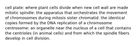 cell plate: where plant cells divide when new cell wall are made mitotic spindle: the apparatus that orchestrates the movement of chromosomes during mitosis sister chromatid: the identical copies formed by the DNA replication of a chromosome centrosome: an organelle near the nucleus of a cell that contains the centrioles (in animal cells) and from which the spindle fibers develop in cell division.