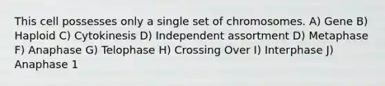 This cell possesses only a single set of chromosomes. A) Gene B) Haploid C) Cytokinesis D) Independent assortment D) Metaphase F) Anaphase G) Telophase H) Crossing Over I) Interphase J) Anaphase 1