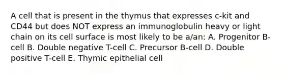 A cell that is present in the thymus that expresses c-kit and CD44 but does NOT express an immunoglobulin heavy or light chain on its cell surface is most likely to be a/an: A. Progenitor B-cell B. Double negative T-cell C. Precursor B-cell D. Double positive T-cell E. Thymic epithelial cell