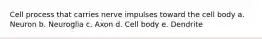 Cell process that carries nerve impulses toward the cell body a. Neuron b. Neuroglia c. Axon d. Cell body e. Dendrite