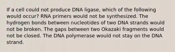 If a cell could not produce DNA ligase, which of the following would occur? RNA primers would not be synthesized. The hydrogen bonds between nucleotides of two DNA strands would not be broken. The gaps between two Okazaki fragments would not be closed. The DNA polymerase would not stay on the DNA strand.