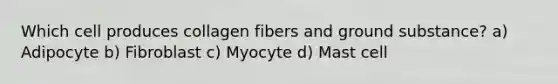 Which cell produces collagen fibers and ground substance? a) Adipocyte b) Fibroblast c) Myocyte d) Mast cell