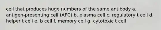 cell that produces huge numbers of the same antibody a. antigen-presenting cell (APC) b. plasma cell c. regulatory t cell d. helper t cell e. b cell f. memory cell g. cytotoxic t cell