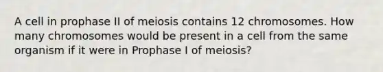 A cell in prophase II of meiosis contains 12 chromosomes. How many chromosomes would be present in a cell from the same organism if it were in Prophase I of meiosis?