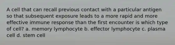 A cell that can recall previous contact with a particular antigen so that subsequent exposure leads to a more rapid and more effective immune response than the first encounter is which type of cell? a. memory lymphocyte b. effector lymphocyte c. plasma cell d. stem cell