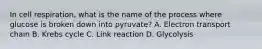 In cell respiration, what is the name of the process where glucose is broken down into pyruvate? A. Electron transport chain B. Krebs cycle C. Link reaction D. Glycolysis