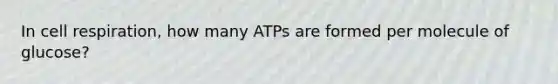 In cell respiration, how many ATPs are formed per molecule of glucose?