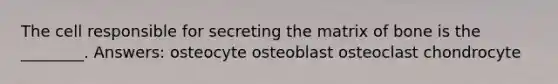 The cell responsible for secreting the matrix of bone is the ________. Answers: osteocyte osteoblast osteoclast chondrocyte