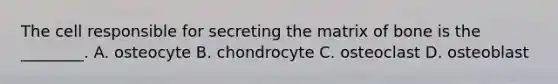 The cell responsible for secreting the matrix of bone is the ________. A. osteocyte B. chondrocyte C. osteoclast D. osteoblast