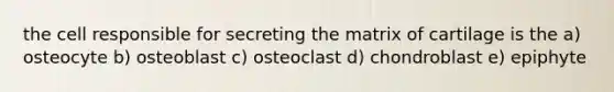 the cell responsible for secreting the matrix of cartilage is the a) osteocyte b) osteoblast c) osteoclast d) chondroblast e) epiphyte