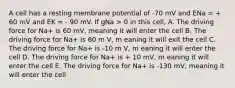 A cell has a resting membrane potential of -70 mV and ENa = + 60 mV and EK = - 90 mV. If gNa > 0 in this cell, A. The driving force for Na+ is 60 mV, meaning it will enter the cell B. The driving force for Na+ is 60 m V, m eaning it will exit the cell C. The driving force for Na+ is -10 m V, m eaning it will enter the cell D. The driving force for Na+ is + 10 mV, m eaning it will enter the cell E. The driving force for Na+ is -130 mV, meaning it will enter the cell