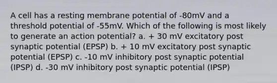 A cell has a resting membrane potential of -80mV and a threshold potential of -55mV. Which of the following is most likely to generate an action potential? a. + 30 mV excitatory post synaptic potential (EPSP) b. + 10 mV excitatory post synaptic potential (EPSP) c. -10 mV inhibitory post synaptic potential (IPSP) d. -30 mV inhibitory post synaptic potential (IPSP)