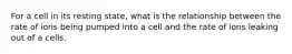 For a cell in its resting state, what is the relationship between the rate of ions being pumped into a cell and the rate of ions leaking out of a cells.