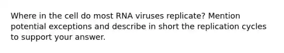 Where in the cell do most RNA viruses replicate? Mention potential exceptions and describe in short the replication cycles to support your answer.