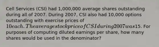 Cell Services (CSI) had 1,000,000 average shares outstanding during all of 2007. During 2007, CSI also had 10,000 options outstanding with exercise prices of 10 each. The average stock price of CSI during 2007 was15. For purposes of computing diluted earnings per share, how many shares would be used in the denominator?