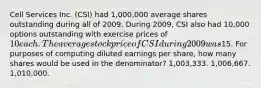 Cell Services Inc. (CSI) had 1,000,000 average shares outstanding during all of 2009. During 2009, CSI also had 10,000 options outstanding with exercise prices of 10 each. The average stock price of CSI during 2009 was15. For purposes of computing diluted earnings per share, how many shares would be used in the denominator? 1,003,333. 1,006,667. 1,010,000.