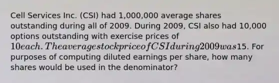 Cell Services Inc. (CSI) had 1,000,000 average shares outstanding during all of 2009. During 2009, CSI also had 10,000 options outstanding with exercise prices of 10 each. The average stock price of CSI during 2009 was15. For purposes of computing diluted earnings per share, how many shares would be used in the denominator?