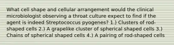 What cell shape and cellular arrangement would the clinical microbiologist observing a throat culture expect to find if the agent is indeed Streptococcus pyogenes? 1.) Clusters of rod-shaped cells 2.) A grapelike cluster of spherical shaped cells 3.) Chains of spherical shaped cells 4.) A pairing of rod-shaped cells