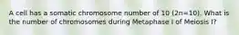 A cell has a somatic chromosome number of 10 (2n=10). What is the number of chromosomes during Metaphase I of Meiosis I?