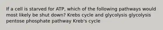 If a cell is starved for ATP, which of the following pathways would most likely be shut down? Krebs cycle and glycolysis glycolysis pentose phosphate pathway Kreb's cycle