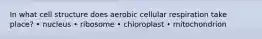 In what cell structure does aerobic cellular respiration take place? • nucleus • ribosome • chloroplast • mitochondrion